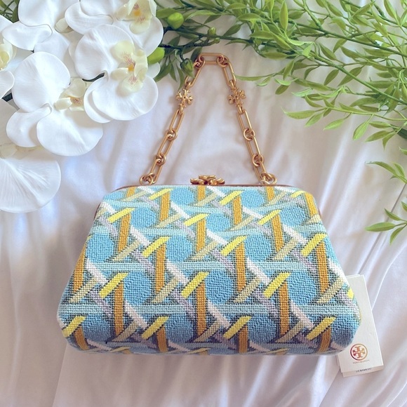 Tory Burch Cleo Basketweave Blue Caning Logo Geo Needlepoint Small Bag - Picture 1 of 15